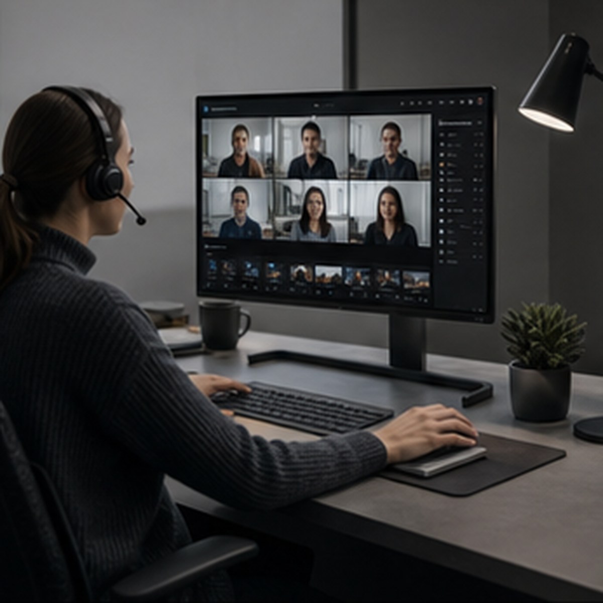 PostSync demo conversation in a modern post-production office
